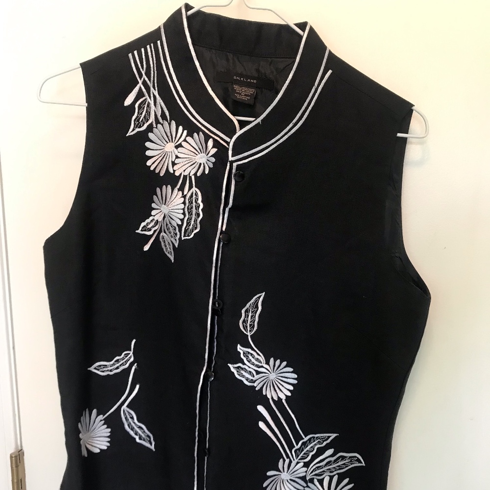 M - Silkland - Embroidered Silk Button Down Top
